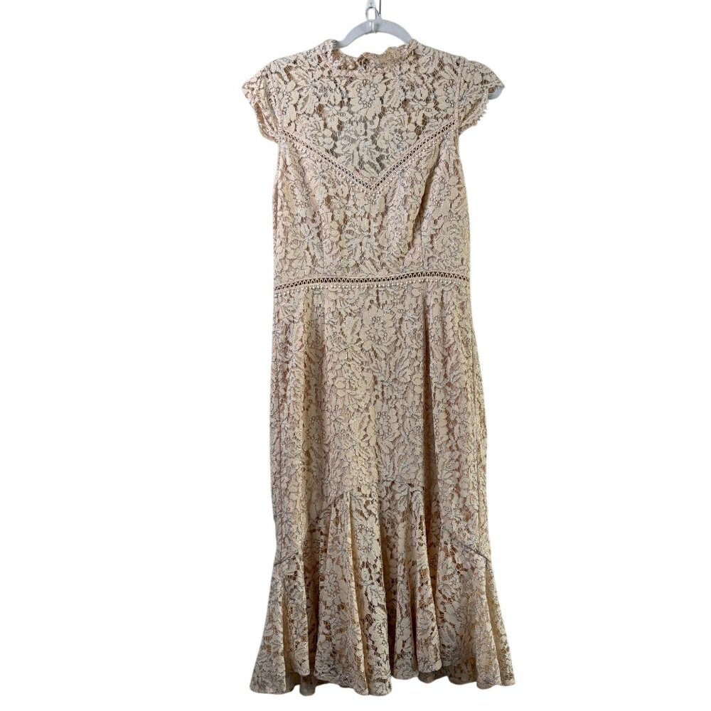 Saylor Lace Midi Dress Size L Ecru Tan Metallic Cap Sleeve High Neck Open Back